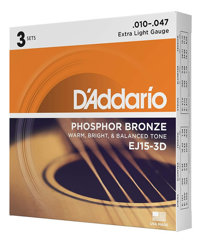 Kit económico de 3 cuerdas Daddario Phosphor Bronze Guitar 010