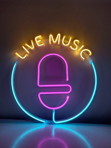 Live Music Cartel Neon Led Música Micrófono