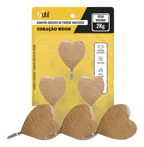 Gancho Adesivo Parede Multiuso Coração Wood 3 Peças Cor Marrom