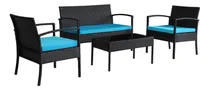 Comprar Juego Jardin Ratan Mesa Sillón 2 Cuerpos Butacas Almohadones Estructura Azul