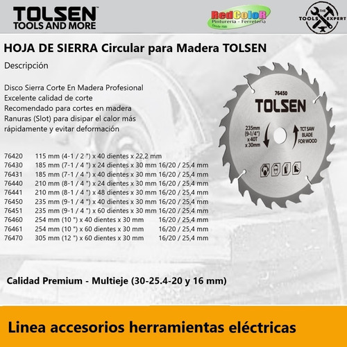 Disco Sierra P/ Madera Prof. 24dientes 71/4'' Tolsen 76430