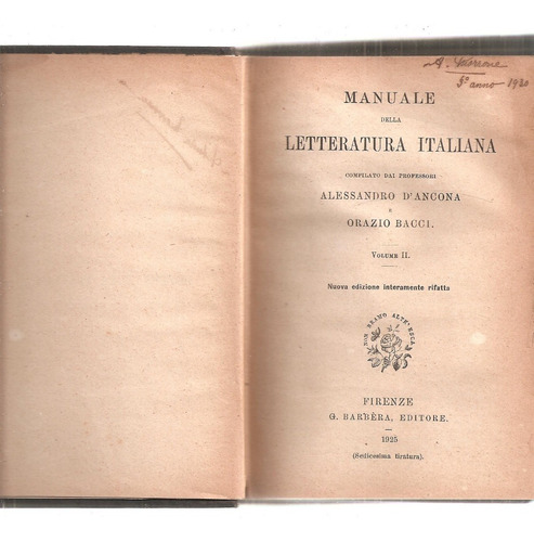 Manuale Della Letteratura Italiana Volume 2 D'ancona Barbera