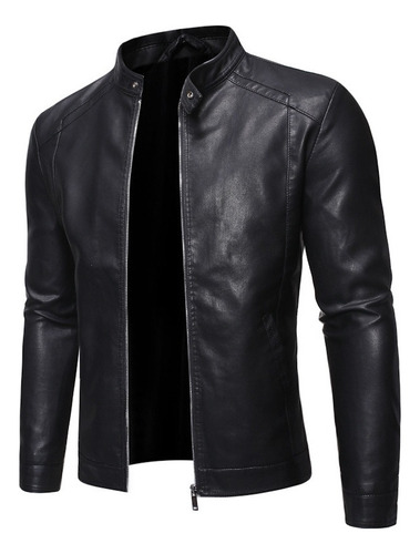 Chaqueta De Cuero Para Hombre, Motociclista, Cuello Alto