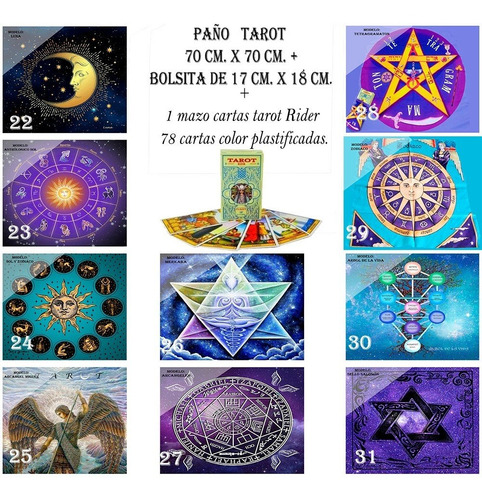 Imagen 7 de 8 de Cartas Tarot Rider + Paño Tirada 70cm.x70cm.c/bolsa
