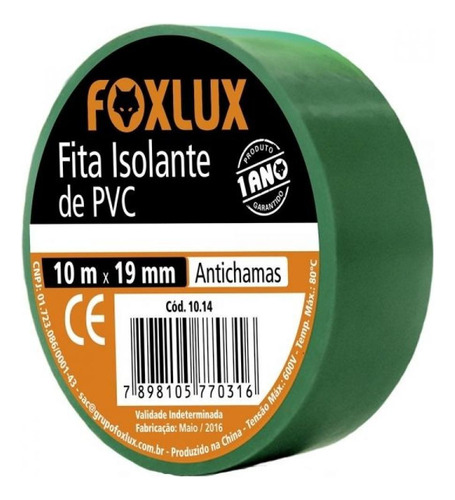 Fita Isolante 18mm X 10mt Verde Foxlux 10.14
