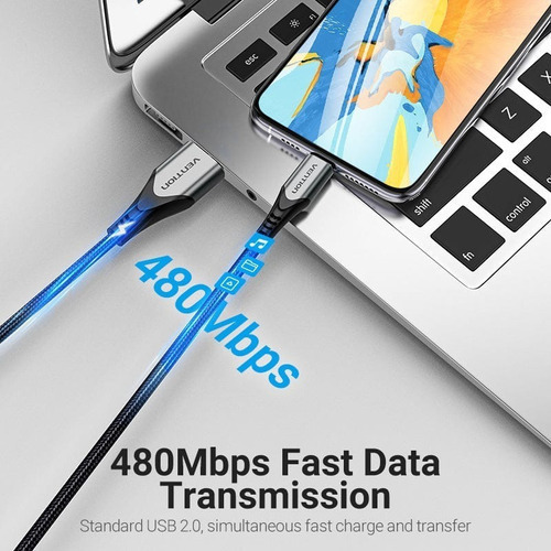Cabo USB trançado de 2 metros Vention Black 2.0 A Lightning 2.4A