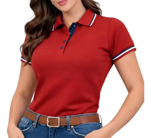 Camisa Gola Polo Feminina Baby Look Manga Curta Vermelho G