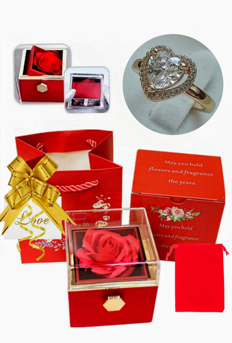 Anillo Corazón Promesa Amor Caja Flor Rosa Eterna Giratoria