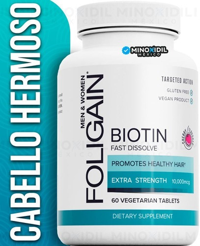 Foligain Biotina / Biotin Para Engrosamiento Del Cabello 10,000mcg Rápida Disolución Sabor A Cereza 60 Tabletas Comprimidas Vegetarianas
