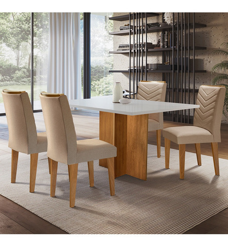Mesa Olivia Em Mdf Com 4 Cadeiras Liz Moderna Cor Turim / Off White / Imbuia Desenho Do Tecido Das Cadeiras Liso