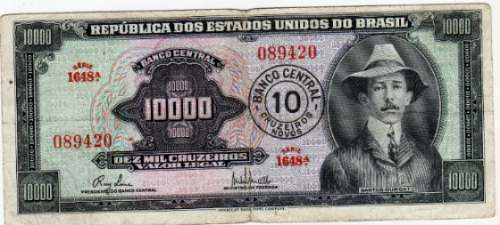 Billete Brasil 10000 Cruz Resellado Avion Año 1967 Pick 189