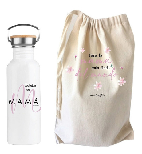 Botella Térmica Bambú Personalizada Día De La Madre + Bolsa 