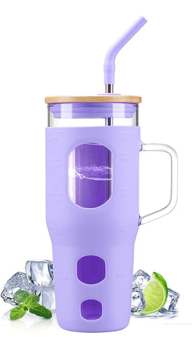 Vaso De Vidrio De 32 Oz Con Tapa Y Popote, Botellas De Agua 