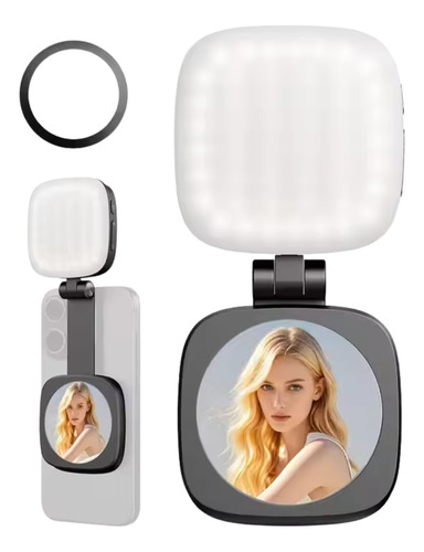 Luz Led Para Celulares Magnética + Espejo, Luz Para Selfie. Negro