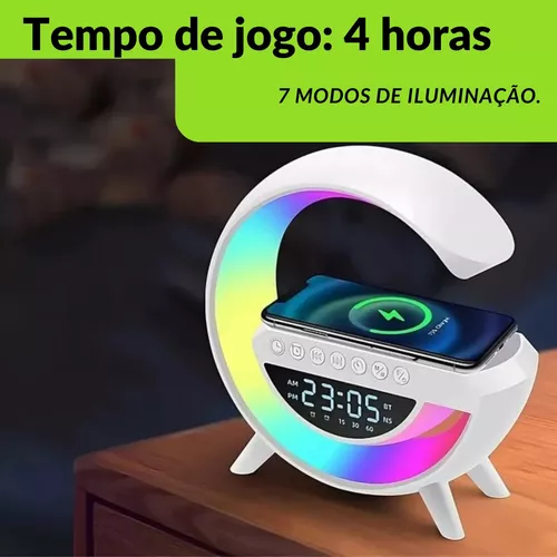 Luminária G 4 em 1 - Luminária, Caixa de som bluetooth, Relógio/Despertador  e Carregador por Indução