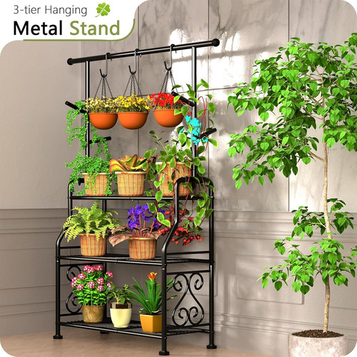 Mueble Macetero De 3 Niveles Con 5 Ganchos Para Plantas