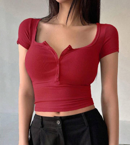 Blusa Mujer Ajustada Casual Moda Con Botones Manga Corta