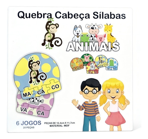 6 Kits Quebra Cabeça Educativo Sílabas Animais Em Madeira