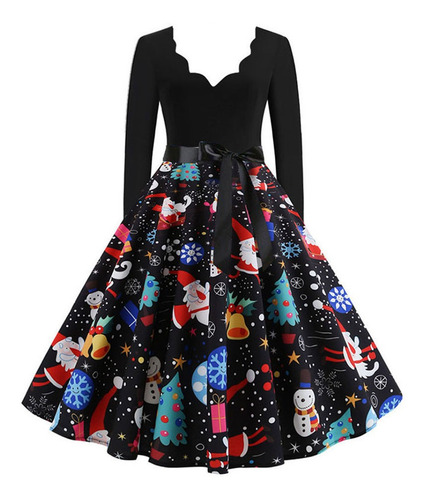 Vestido De Mujer Manga Larga Navidad Notas Musicales Print V