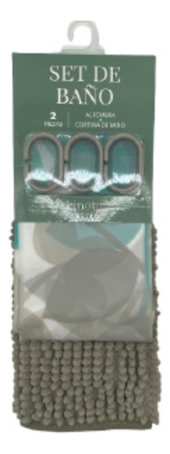 Set Combo Cortina Baño Estampada + Alfombra Shaggy + Ganchos Gris Oscuro