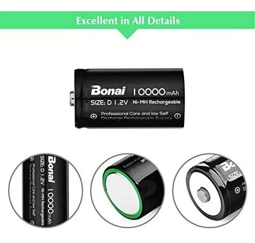 4-Counts BONAI Rechargeable D Cells 10,000mAh 1.2V Ni-MH High Capacity High Rate D Size Battery 