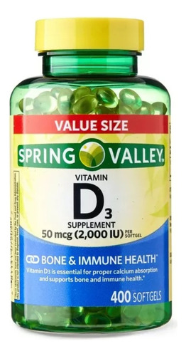 Vitamina D3 50 Mcg 2000iu Spring Valley 400 Cápsula Softgels Eua Sabor Sem Sabor