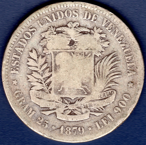 Moneda De 5 Bolívares De 1879 Fuerte De Plata