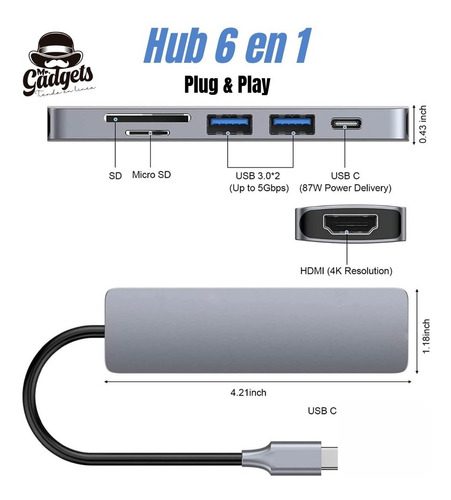 Hub Usb C 6 En 1 Adaptador Lector Sd Pd Hdmi Para Mac iPad