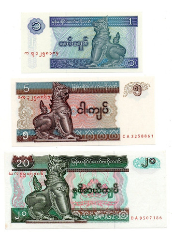 Myanmar Lote 3 Billetes 1, 5 Y 20 Kyats Año 1996 Sin Circula