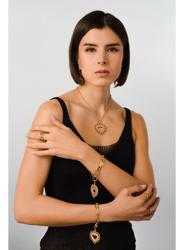 Set Collar Y Aretes Dorados Largo Corazón Rosa Joyería Nice Dorado