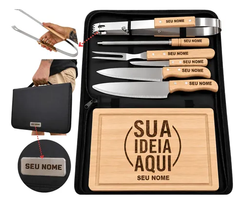 Kit Churrasco Personalizado Tábua Faca Garfo Nome Time Logo - R$ 207,92