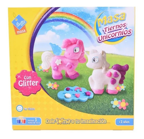 Juego De Masas Tiernos Unicornio Con Potes X3 Con Glitter 