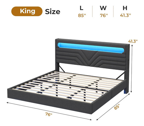Base De Cama King Size C/ Cabecera Con Luz Led & Usb Grey