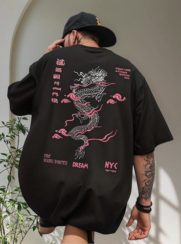 Camiseta Oversized Shein Hombre Dragón Impresa