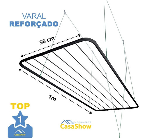 Varal De Teto 100 Cm Grande + Kit De Instalação Reforçado Cor Varal de Teto Preto