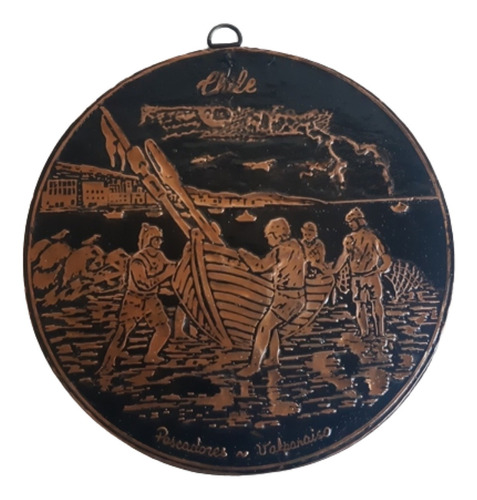 Placa De Cobre Repujado Para Pared 18 Cm Diám /  Pescadores