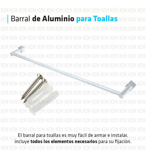 Imagen 2 de 10 de Barral Baño Simple 60 Cm Borde Cuadrado Toallero Aluminio