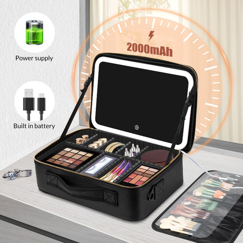 Estuche De Maquillaje Grande Negro Con Espejo Iluminado Color