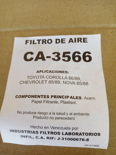 Filtro De Aire Ca-3566 Toyota Corolla Chevrolet Nova 