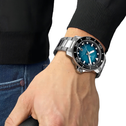 Relógio Tissot T1206071104100 Seastar 2000 Powermatic 80 Correia Prateado Bisel Preto Fundo Verde