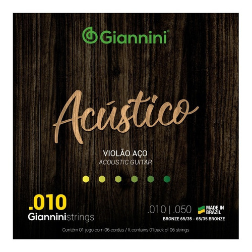 Encordoamento Giannini Acústico Cordas Violão Aço 010 65/35