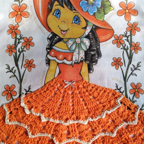 Pano De Prato Boneca Naty Com Saia De Crochê - Laranja