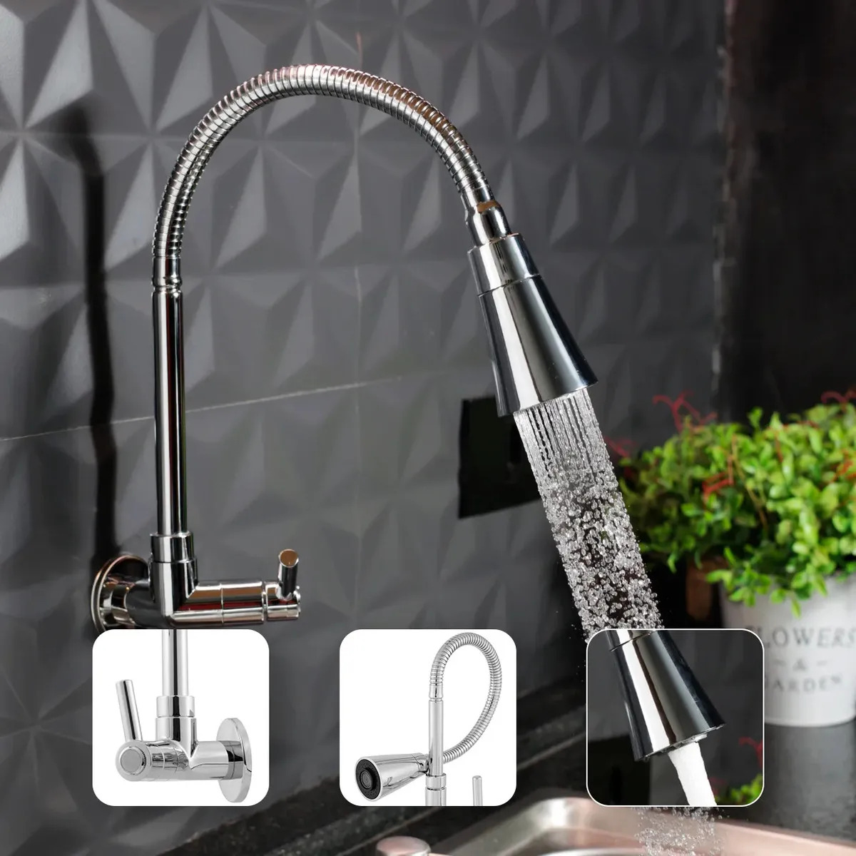 Torneira Gourmet Flexível Parede Cozinha Churrasqueira Área Externa 2 Jatos Cromada Brilhante Aromatec
