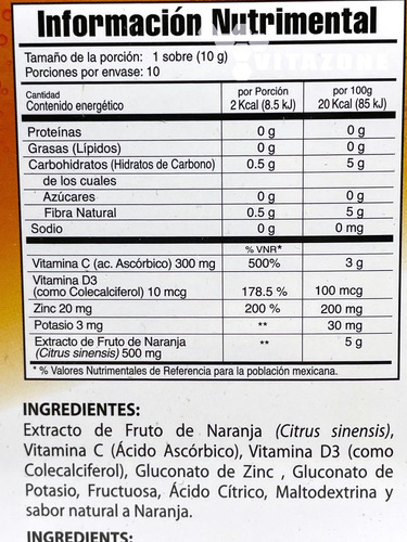 Vitamina C Vitamina D3 Potasio Zinc 10 Sobres Naranja