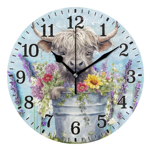 Reloj Lindo De Vaca De Las Tierras Altas Con Girasoles Reloj