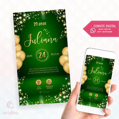 Convite Digital Adulto Feminino Verde Dourado Estrelas