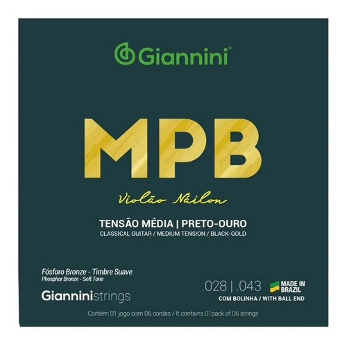 Encordoamento Giannini Tensao Media Preto-ouro Violao Nylon