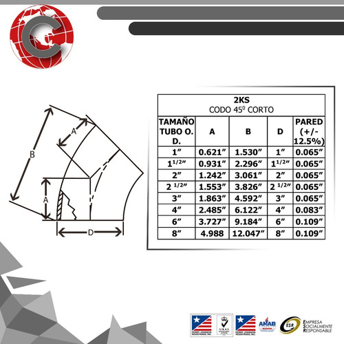 Codo Corto De Acero Inoxidable 45° Soldable, Ciesa 6'' -304