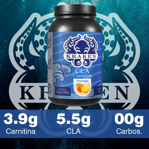 Cla + Carnitina 1kg Kraken 100 Servs Pre Entreno Sabores Naranja