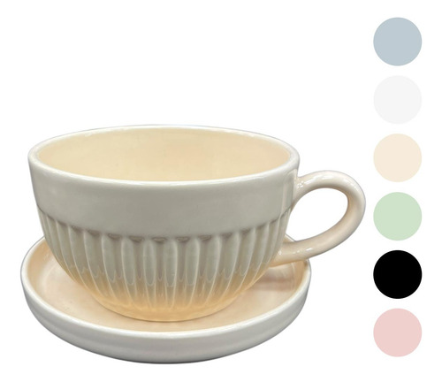 Tazon Multifuncion Ceramica Vintage Canela 550ml + Plato Gris Azulado